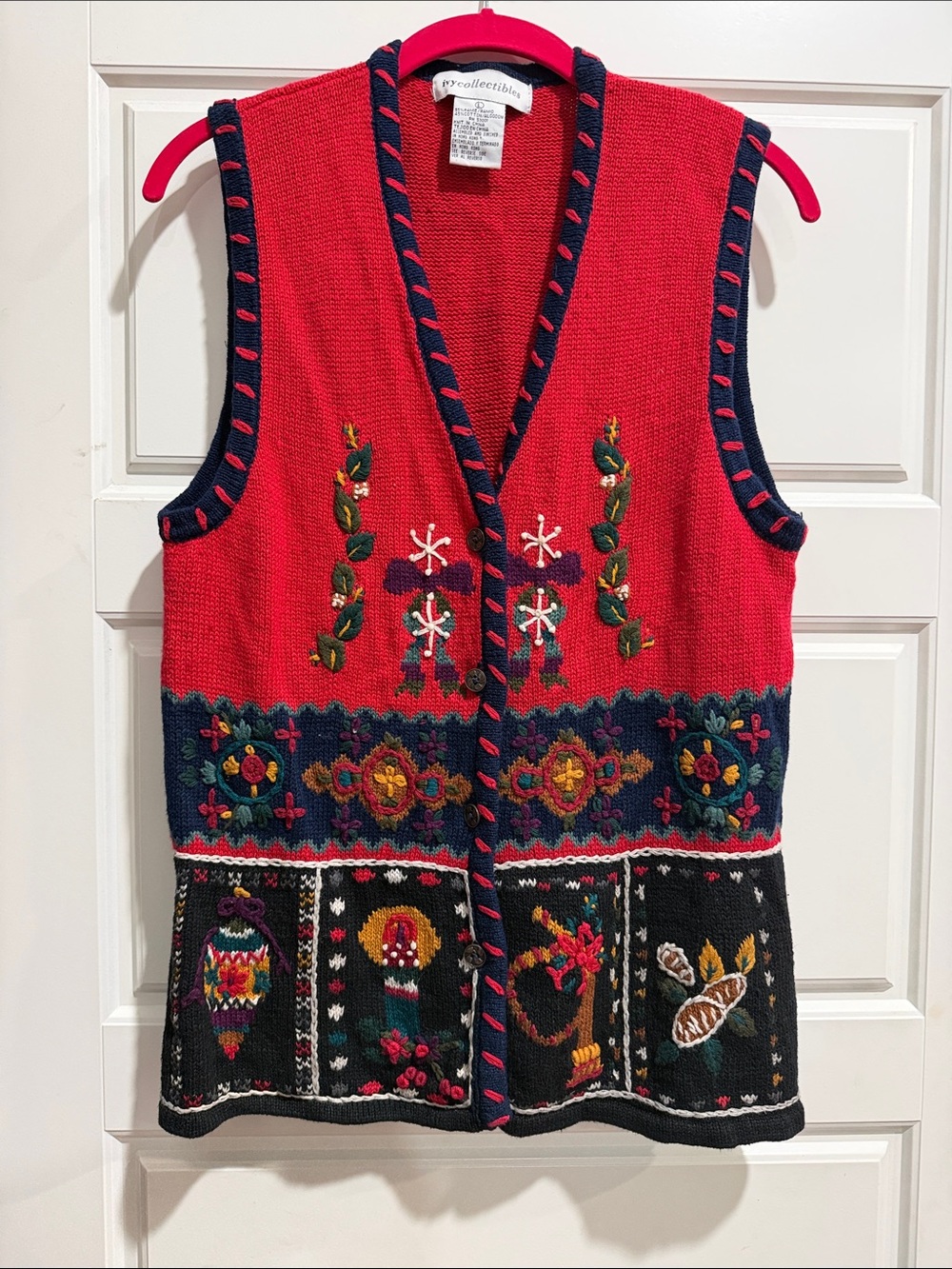Vintage-Inspired Red Embroidered Knit Vest
